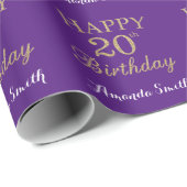 Happy 20th Birthday Gold Glitter en Paars Cadeaupapier (Rol Hoek)