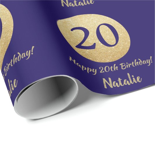 Happy 20th Birthday Navy Blue en Gold Glitter Cadeaupapier (Rol Hoek)