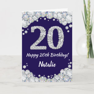 Happy 20th Birthday Navy Blue en Silver Glitter Kaart