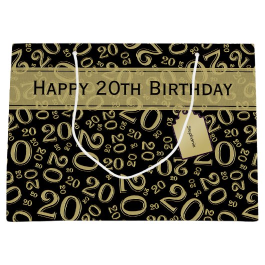 Happy 20th Birthday Number Pattern Black en Gold Groot Cadeauzakje (Voorkant)