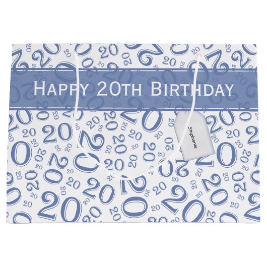 Happy 20th Birthday Number Pattern Blue and White Groot Cadeauzakje (Voorkant)