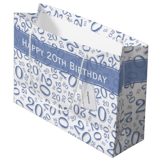 Happy 20th Birthday Number Pattern Blue and White Groot Cadeauzakje (Voorkant Gekanteld)