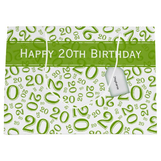 Happy 20th Birthday Number Pattern Green/White Groot Cadeauzakje (Voorkant)