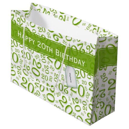 Happy 20th Birthday Number Pattern Green/White Groot Cadeauzakje (Voorkant Gekanteld)