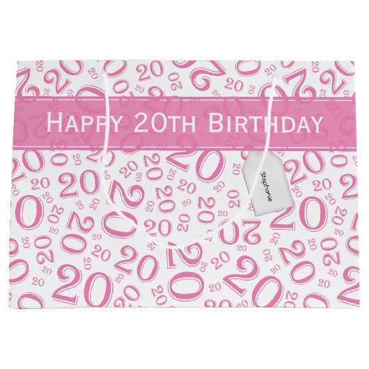 Happy 20th Birthday Number Pattern Pink and White Groot Cadeauzakje (Voorkant)