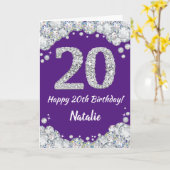 Happy 20th Birthday Paars en Silver Glitter Card Kaart (Gele Bloem)