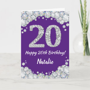 Happy 20th Birthday Paars en Silver Glitter Card Kaart