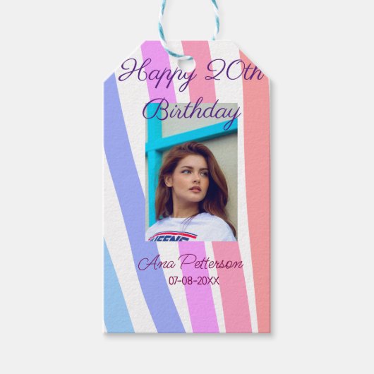 Happy 20th Birthday rainbow rustic boho lines phot Cadeaulabel (Voorkant)