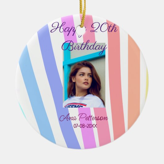 Happy 20th Birthday rainbow rustic boho lines phot Keramisch Ornament (Voorkant)