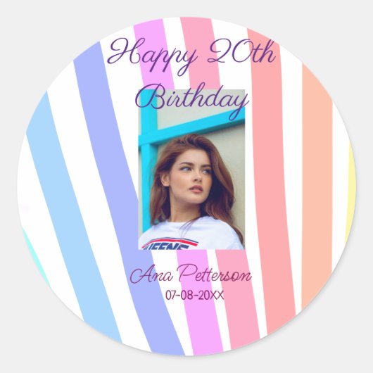 Happy 20th Birthday rainbow rustic boho lines phot Ronde Sticker (Voorkant)