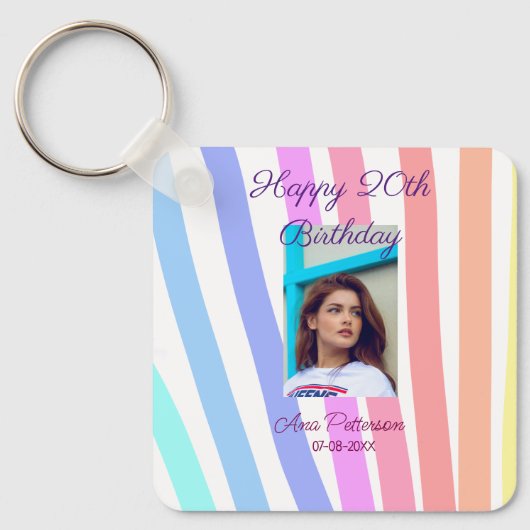 Happy 20th Birthday rainbow rustic boho lines phot Sleutelhanger (Voorkant)