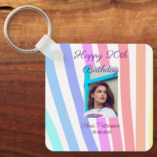 Happy 20th Birthday rainbow rustic boho lines phot Sleutelhanger (Voorkant)