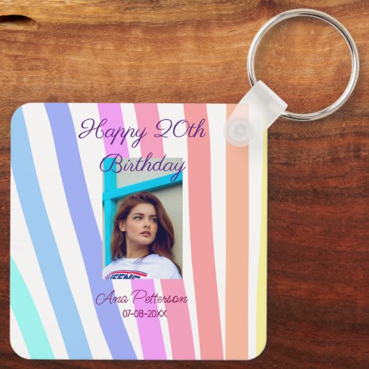 Happy 20th Birthday rainbow rustic boho lines phot Sleutelhanger (Achterkant)