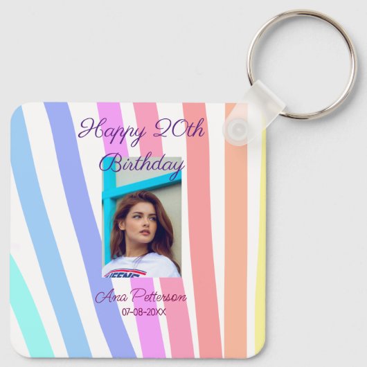 Happy 20th Birthday rainbow rustic boho lines phot Sleutelhanger (Achterkant)