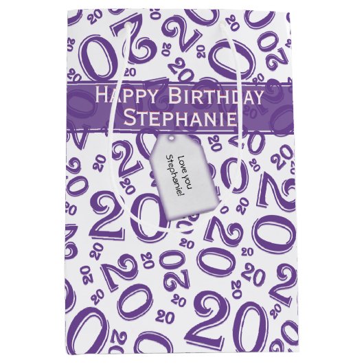 Happy 20th Birthday Random Number Pattern Paars Medium Cadeauzakje (Voorkant)