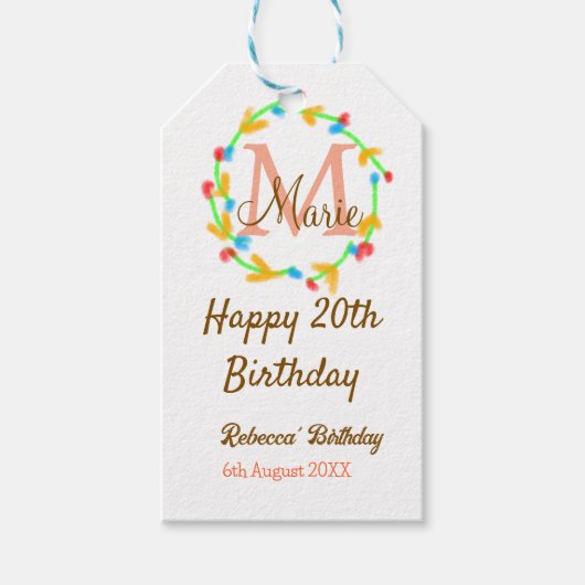 Happy 20th Birthday red add name monogram wreath Cadeaulabel (Voorkant)