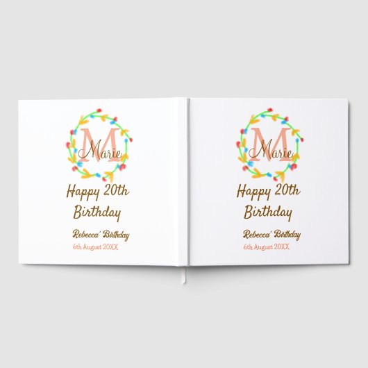 Happy 20th Birthday red add name monogram wreath Gastenboek (Volledig)