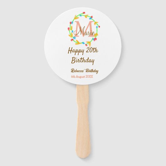 Happy 20th Birthday red add name monogram wreath Handwaaier (Voorkant)