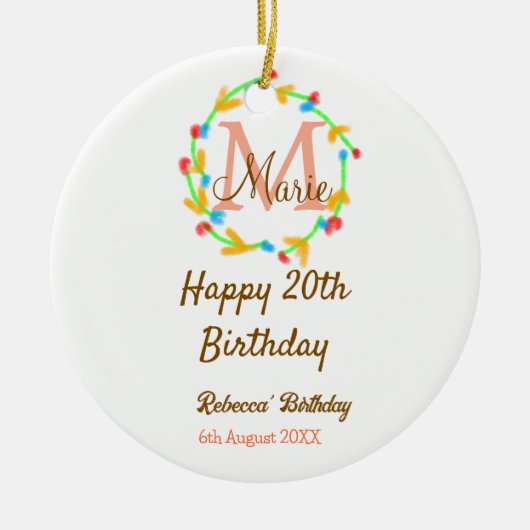 Happy 20th Birthday red add name monogram wreath Keramisch Ornament (Voorkant)