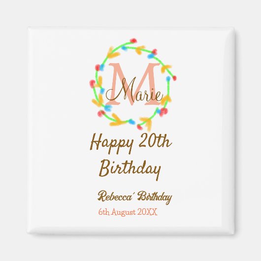 Happy 20th Birthday red add name monogram wreath Magneet (Voorkant)