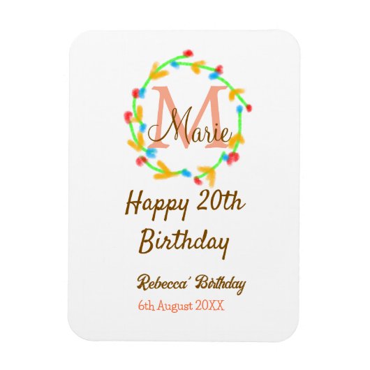 Happy 20th Birthday red add name monogram wreath Magneet (Verticaal)
