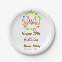 Happy 20th Birthday red add name monogram wreath Papieren Bordje