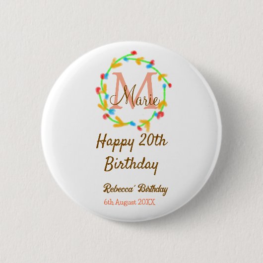 Happy 20th Birthday red add name monogram wreath Ronde Button 5,7 Cm (Voorkant)