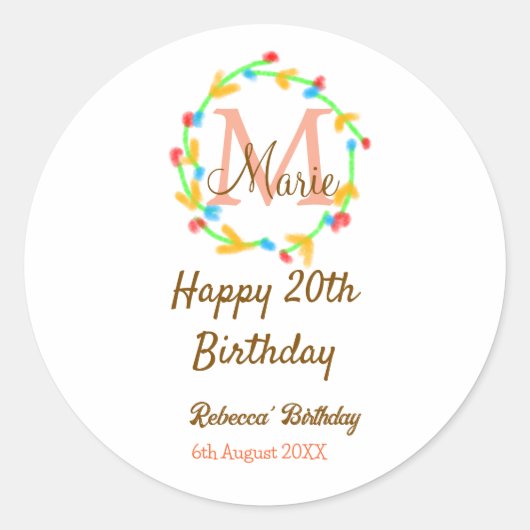 Happy 20th Birthday red add name monogram wreath Ronde Sticker (Voorkant)