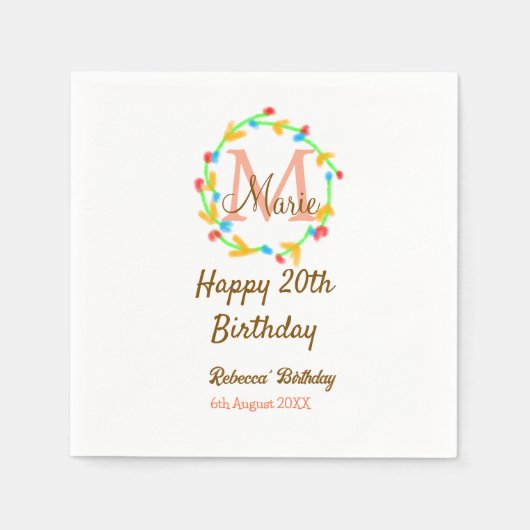 Happy 20th Birthday red add name monogram wreath Servet (Voorkant)