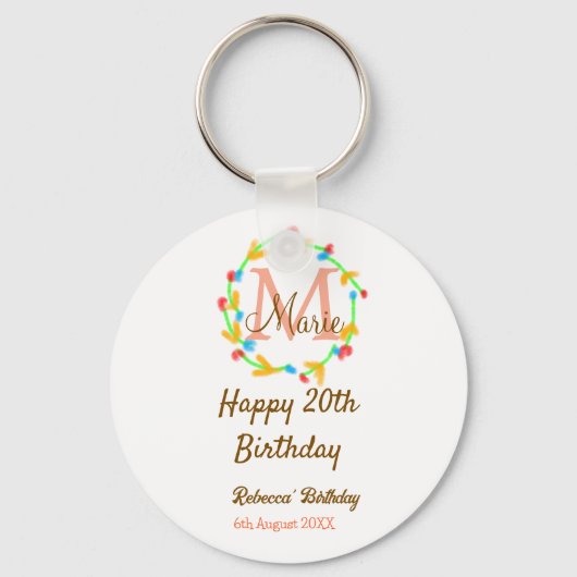 Happy 20th Birthday red add name monogram wreath Sleutelhanger (Voorkant)