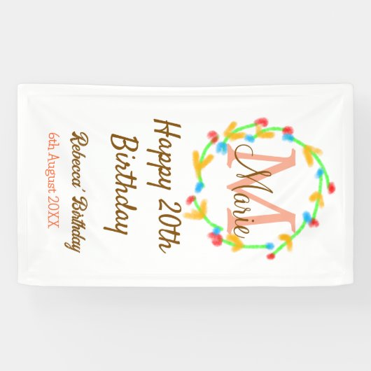 Happy 20th Birthday red add name monogram wreath Spandoek (Horizontaal)