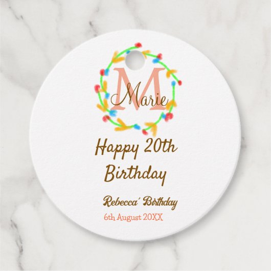 Happy 20th Birthday red voeg naam monogram krans t Bedankjes Labels (Voorkant)