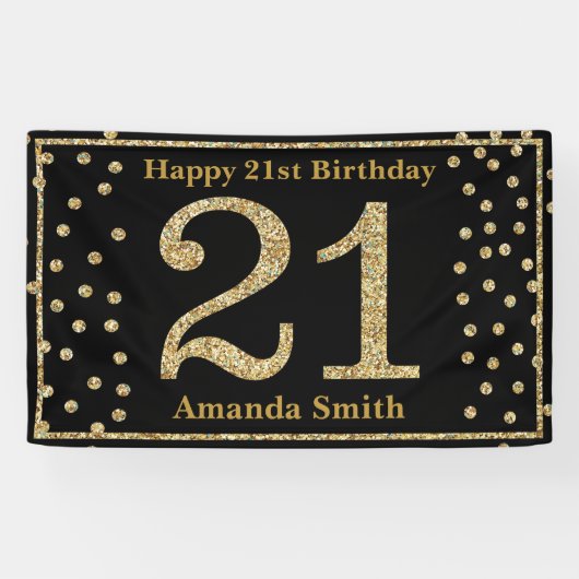 Happy 21st Birthday Banner Black en Gold Glitter (Horizontaal)