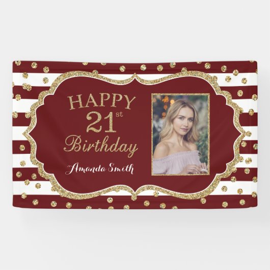 Happy 21st Birthday Banner Burgundy en Gold Photo (Horizontaal)