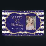 Happy 21st Birthday Banner Navy Blue Gold Foto<br><div class="desc">Fijne 21ste verjaardag banner voor vrouwen of man. Navy Blue en Gold Birthday Party Banner. Glitter Confetti. Zwarte en witte strepen. Afdrukbaar digitaal. Voor verdere aanpassing,  te klikken gelieve de knoop "van de Aanpassing het"en ons ontwerphulpmiddel te gebruiken om deze sjabloon te wijzigen.</div>