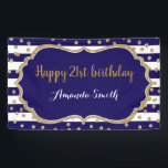 Happy 21st Birthday Banner Navy Blue Gold Glitter<br><div class="desc">Fijne 21ste verjaardag banner voor vrouwen of man. Navy Blue en Gold Birthday Party Banner. Glitter Confetti. Zwarte en witte strepen. Afdrukbaar digitaal. Voor verdere aanpassing,  te klikken gelieve de knoop "van de Aanpassing het"en ons ontwerphulpmiddel te gebruiken om deze sjabloon te wijzigen.</div>