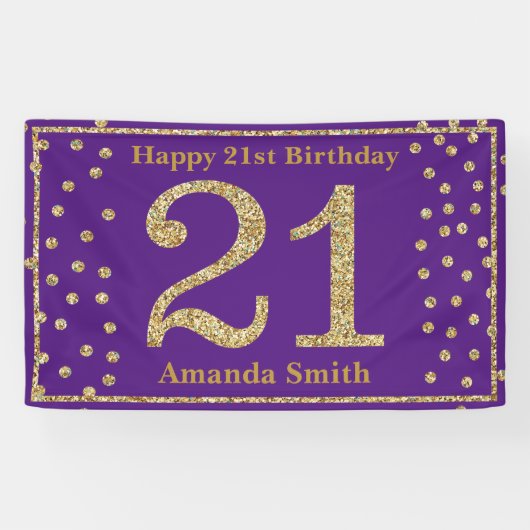 Happy 21st Birthday Banner Paarse en gouden glitte (Horizontaal)