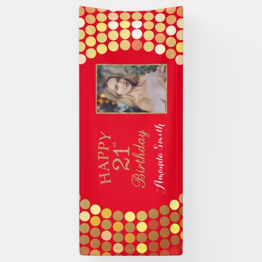 Happy 21st Birthday Banner Red en Gold Photo (Verticaal)