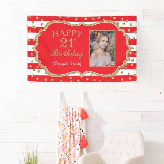 Happy 21st Birthday Banner Red Gold Glitter Foto (Insitu)