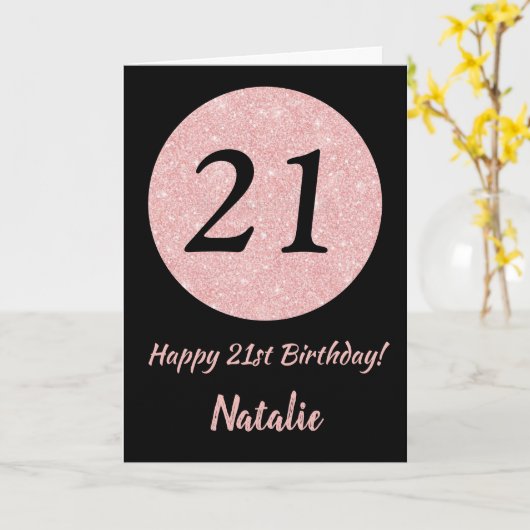 Happy 21st Birthday Black en Roos Pink Gold Kaart (Gele Bloem)