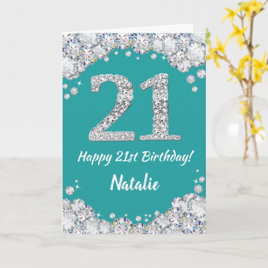 Happy 21st Birthday Blauwgroen en Silver Glitter C Kaart (Gele Bloem)