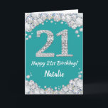 Happy 21st Birthday Blauwgroen en Silver Glitter C Kaart<br><div class="desc">Fijne 21ste verjaardag Blauwgroen Turquoise Aqua en Silver Glitter Card met persoonlijke naam. Voor verdere aanpassing,  te klikken gelieve de knoop "van de Aanpassing het"en ons ontwerphulpmiddel te gebruiken om deze sjabloon te wijzigen.</div>