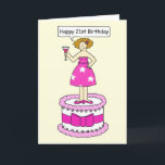 Happy 21st Birthday Cartoon Lady op een Cake Kaart<br><div class="desc">Dame in een roze,  strakke jurk met witte sterren erop,  op een roze en witte cake,  met een roze cocktail,  gezegde 'Happy 21st Birthday'.</div>
