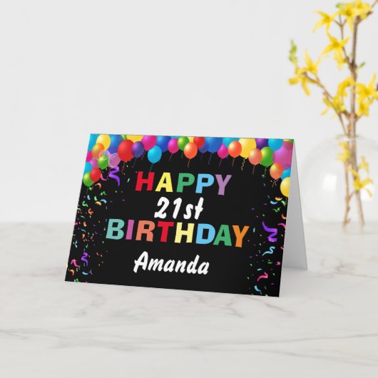 Happy 21st Birthday Colorful Balloons Black Kaart (Gele Bloem)