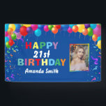 Happy 21st Birthday Colorful Balloons Blue Spandoek<br><div class="desc">Fijne 21ste verjaardag kleurrijke ballonnen Confetti Blue Photo Banner. Voor verdere aanpassing,  te klikken gelieve de knoop "van de Aanpassing het"en ons ontwerphulpmiddel te gebruiken om deze sjabloon te wijzigen.</div>