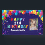 Happy 21st Birthday Colorful Balloons Navy Blue Spandoek<br><div class="desc">Fijne 21ste verjaardag Colorful Balloons Confetti Navy Blue Photo Banner. Voor verdere aanpassing,  te klikken gelieve de knoop "van de Aanpassing het"en ons ontwerphulpmiddel te gebruiken om deze sjabloon te wijzigen.</div>