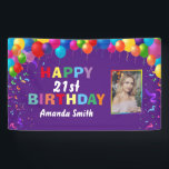 Happy 21st Birthday Colorful Balloons Paars Spandoek<br><div class="desc">Fijne 21ste verjaardag kleurrijke ballonnen Confetti Paarse fotobanner. Voor verdere aanpassing,  te klikken gelieve de knoop "van de Aanpassing het"en ons ontwerphulpmiddel te gebruiken om deze sjabloon te wijzigen.</div>