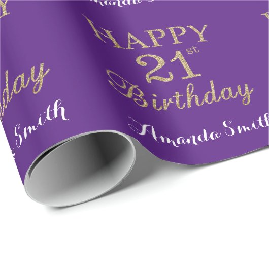 Happy 21st Birthday Gold Glitter en Paars Cadeaupapier (Rol Hoek)