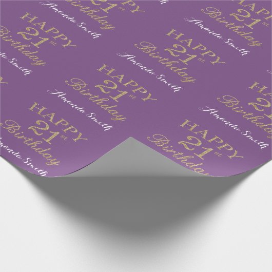 Happy 21st Birthday Gold Glitter en Paars Cadeaupapier (Hoek)