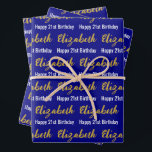 Happy 21st Birthday Gold Script Naam Navy & White Inpakpapier Vel<br><div class="desc">De lakens zijn marineblauw. Ze hebben allemaal een tekstpatroon voor de naam van de ontvanger in een faux gold-script en de zin Happy 21st Birthday. De naam (Getoond: Elizabeth) komt voor in een faux (niet folie) gouden script. De andere tekst is wit. Alle teksten kunnen bewerkt worden.</div>